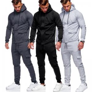 High Quality Men Tracksuit Cotton Zipper Sports Top Long Sleeve Drawstring Hoodie And Jogging Trousers With Square Pockets