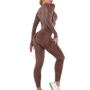 Women Compression Stretchy Moisture Fitness Washed Fabric Running Yoga Scrunch Legging And Top Set