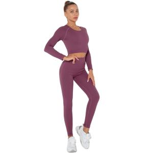 Hot Sale Long Sleeve Seamless Yoga Sets Elastic Fitness Crop Tops Ribbed Quick Dry High Waist Peach Lift Leggings